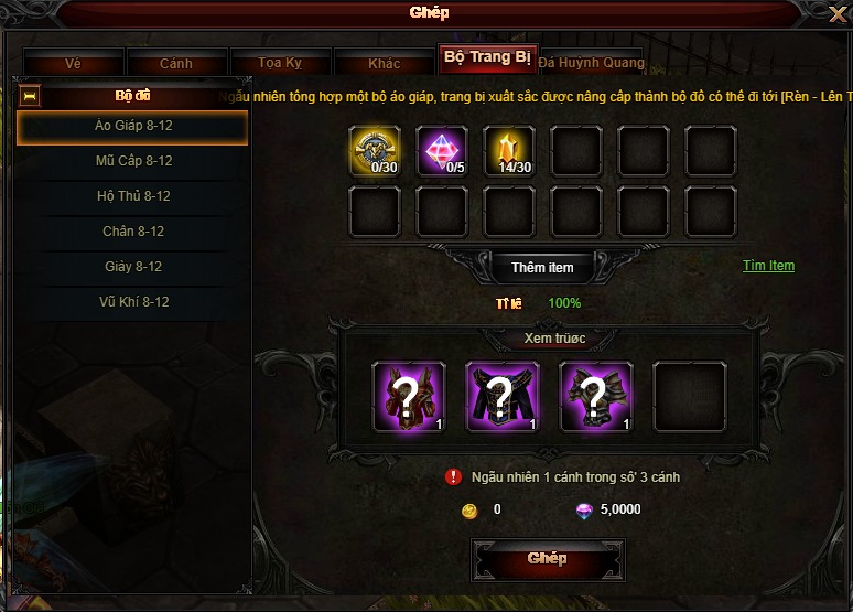 Cách ghép trang bị có dòng thần trong Mu Web