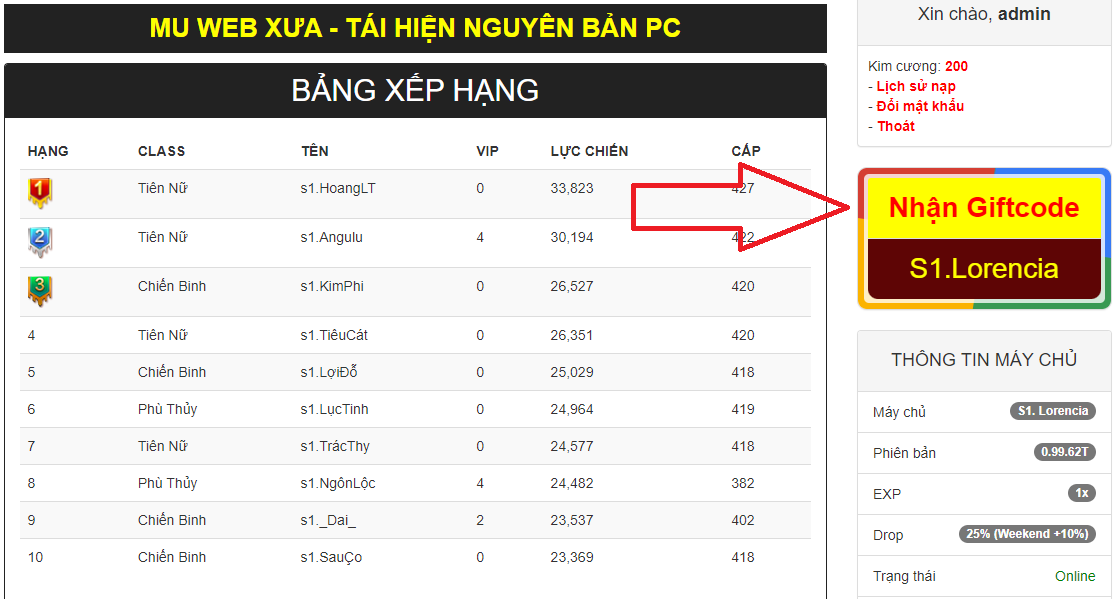 Cách sử dụng Giftcode mu web xưa